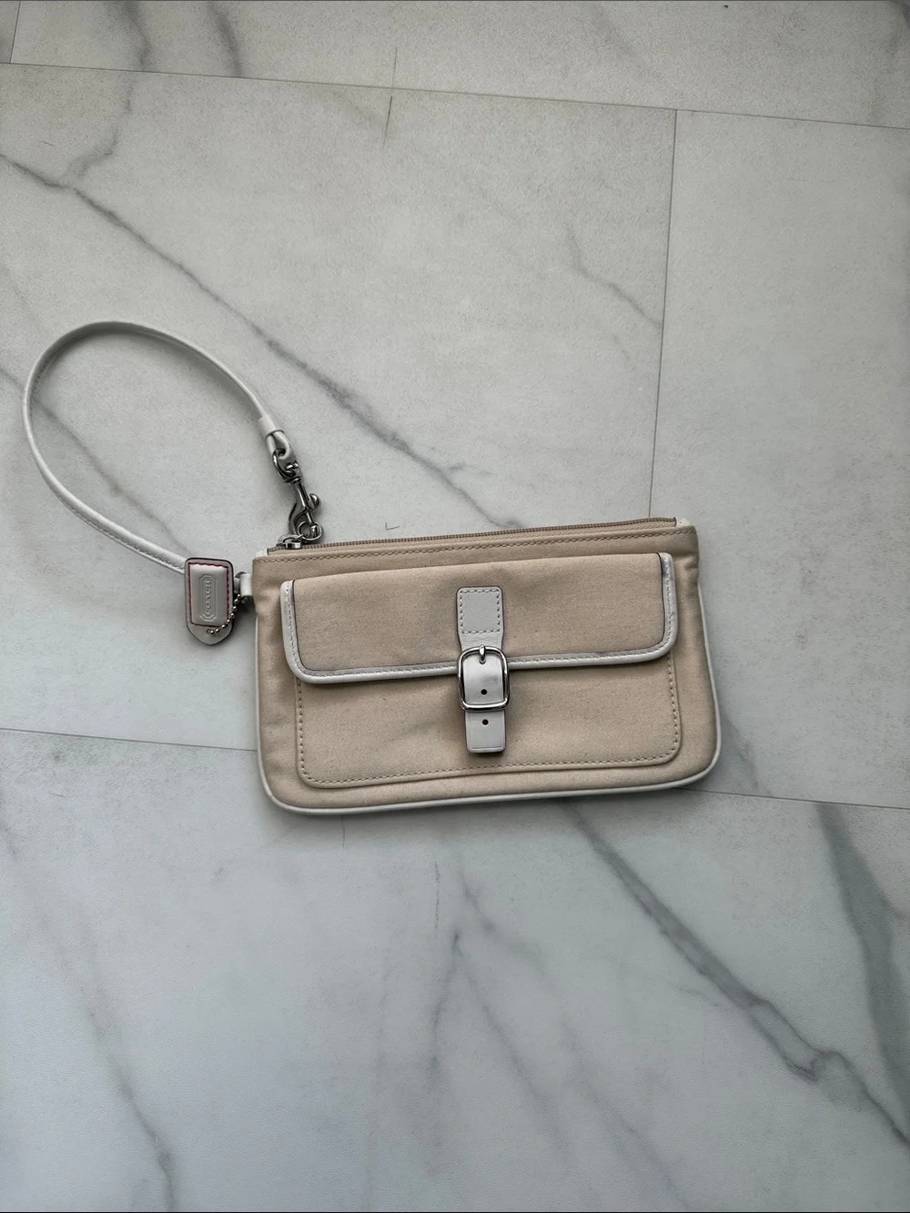 Coach Beige Canvas Wristlet with White Trim